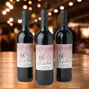 Elegant Glitter Pink 60th Birthday Party Wine Label