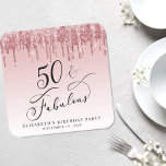 Elegant Glitter Pink Rose Gold 50th Birthday Party Square Paper Coaster<br><div class="desc">Chic custom coasters for her 50th birthday party featuring "50 & Fabulous" in an elegant calligraphy script on a pink ombre background and dripping pink and rose gold faux glitter. Perfect for table decor that guests can take home as a souvenir party favour.</div>