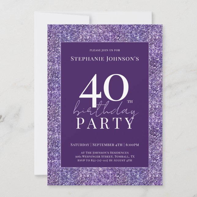 Elegant Glitter Purple 40th Birthday Party Invitation (Front)