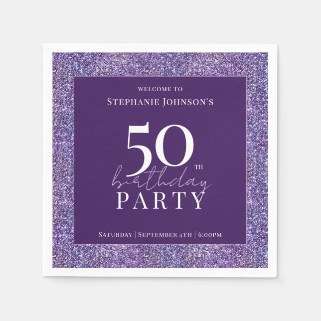 Elegant Glitter Purple 50th Birthday Party Napkin (Front)
