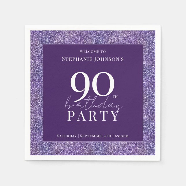 Elegant Glitter Purple 90th Birthday Party Napkin (Front)