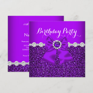 Elegant Glitter Purple Pearl Diamonds Bow Birthday Invitation