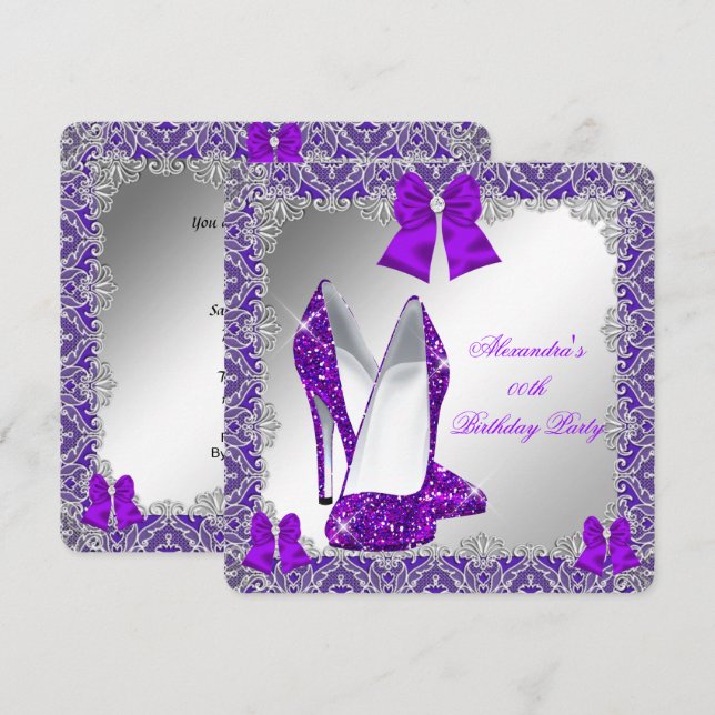 Elegant Glitter Purple Stiletto Birthday Party Invitation (Front/Back)