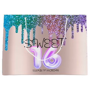 Elegant Glitter Rainbow Drips Rose Gold Sweet 16 Large Gift Bag