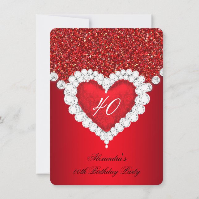 Elegant Glitter Red Diamond Heart Birthday Invitation (Front)