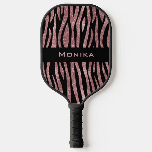 Elegant Glitter Rose Gold Animal Skin Zebra Print Pickleball Paddle (Front)