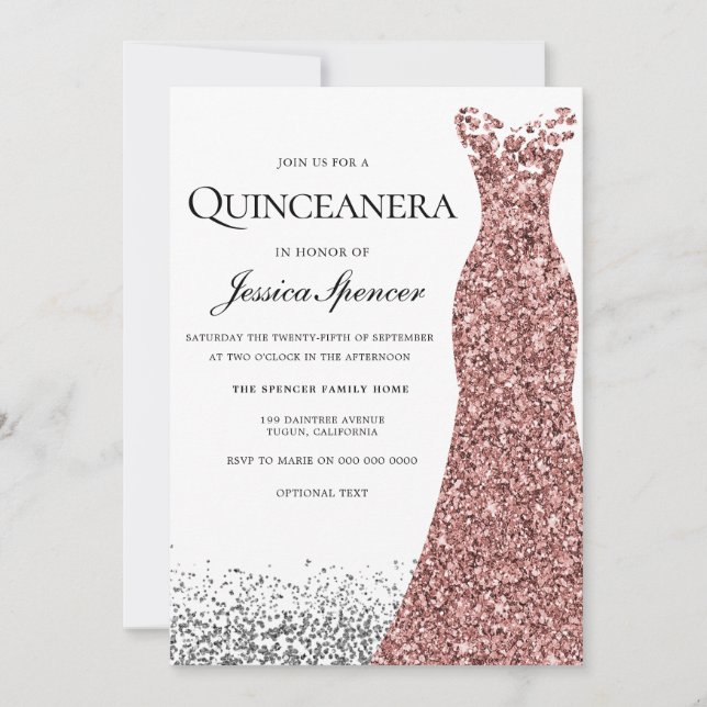 Elegant Glitter Rose Gold Dress Quinceanera Invite (Front)