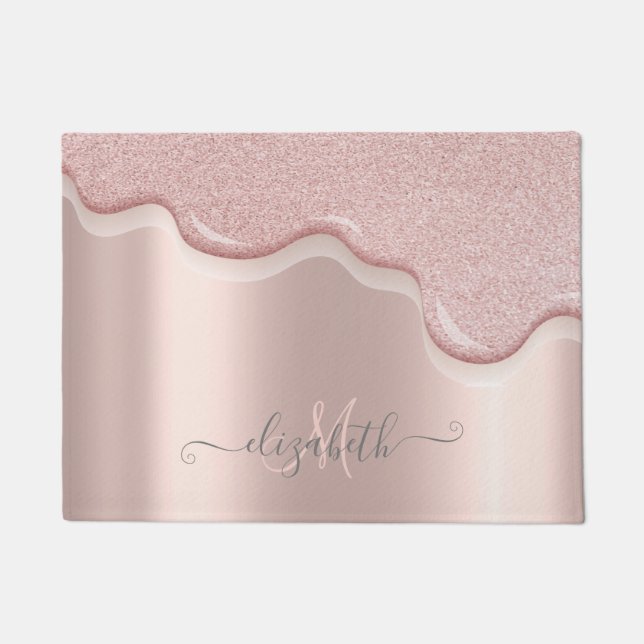 Elegant Glitter Rose Gold Drips Monogram Doormat (Front)