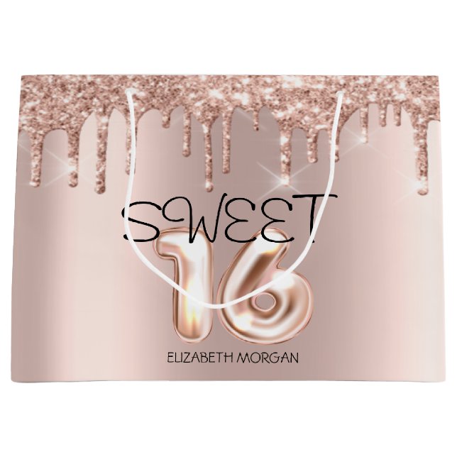 Elegant Glitter Rose Gold Drips Sweet 16 Large Gift Bag (Front)