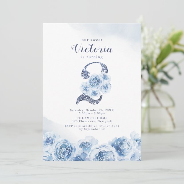 Elegant glitter script blue floral 2nd birthday invitation (Standing Front)