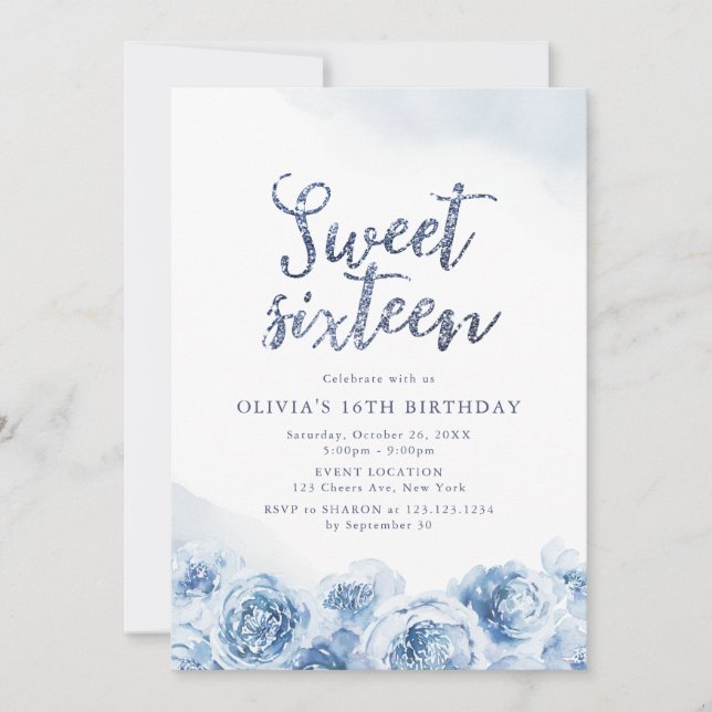 Elegant glitter script blue floral sweet sixteen invitation (Front)