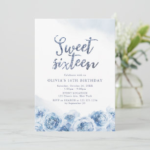 Elegant glitter script blue floral sweet sixteen invitation