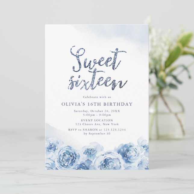 Elegant glitter script blue floral sweet sixteen invitation (Standing Front)