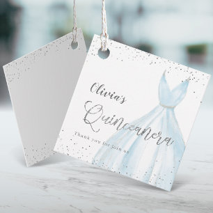 Elegant glitter silver blue dress quinceañera favour tags