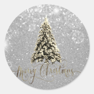 Elegant Glitter Silver  Christmas Tree Classic Round Sticker