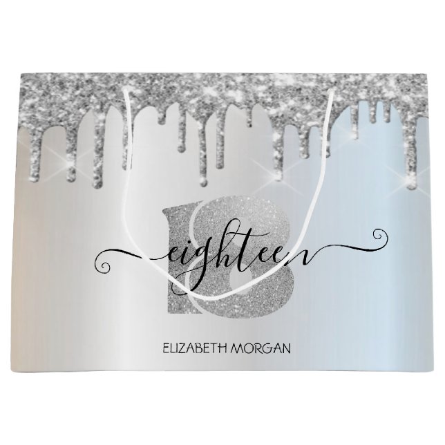Elegant Glitter Silver Drips 18th Birthday Large Gift Bag (Front)