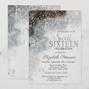 Elegant Glitter Snowflakes Pine Cones  Sweet 16  Invitation