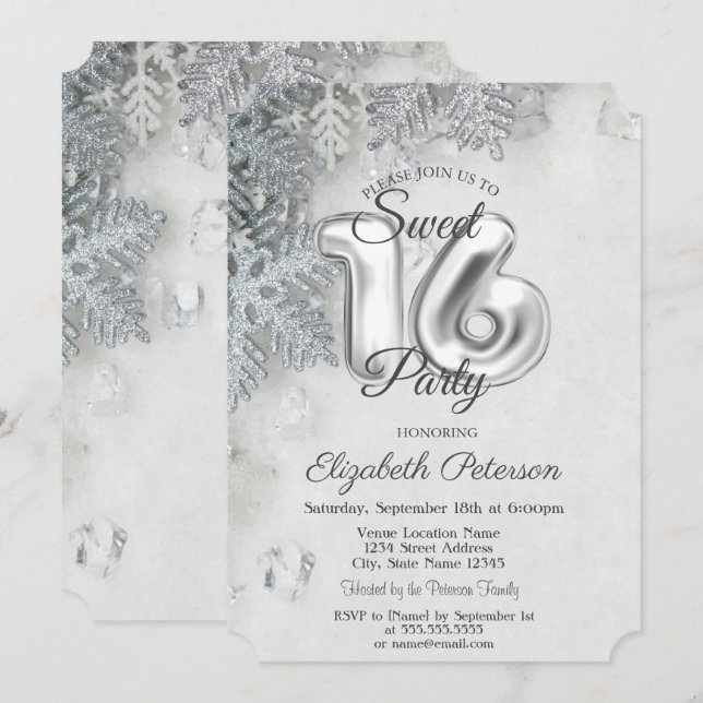 Elegant Glitter Snowflakes Sweet 16  Invitation (Front/Back)