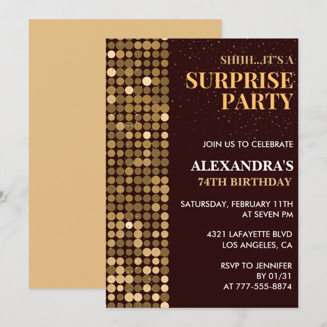 Elegant Glitter Surprise party Gold 74th birthday Invitation (Front/Back)