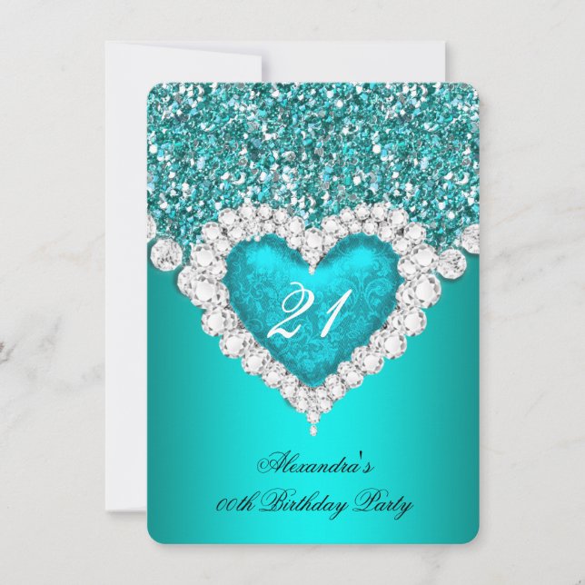 Elegant Glitter Teal Blue Diamond Heart Birthday Invitation (Front)