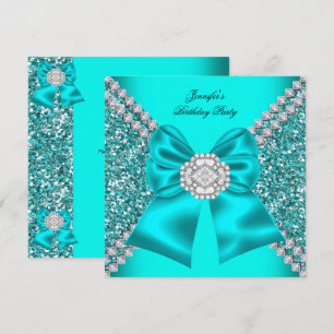 Elegant Glitter Teal Blue Diamonds Birthday Party Invitation