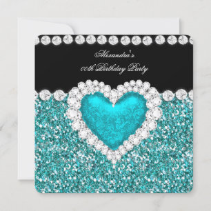 Elegant Glitter Teal Blue Heart Birthday Party Invitation