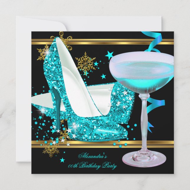 Elegant Glitter Teal Gold Champagne High Heel Invitation (Front)