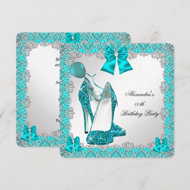 Elegant Glitter Teal Stiletto Birthday Party Invitation (Front/Back)