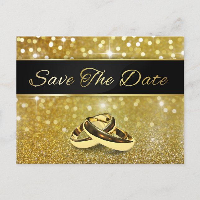 Elegant Glitter Wedding Rings Save the Date Card (Front)