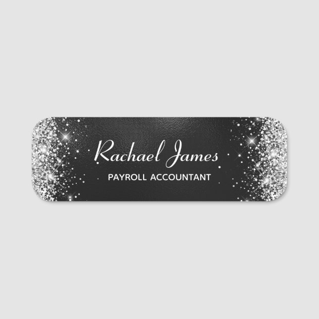 Elegant Glittery Black Foil Name Tag (Front)
