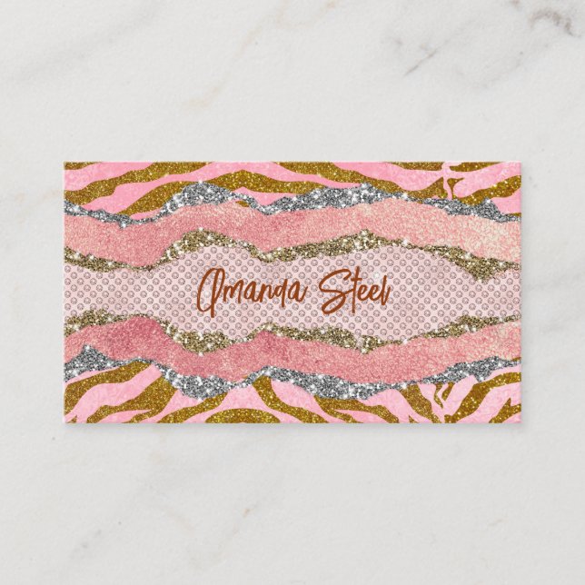 Elegant glittery blush rose animal print monogram appointment card (Front)