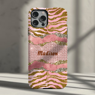 Elegant glittery blush rose animal print monogram  iPhone 13 case
