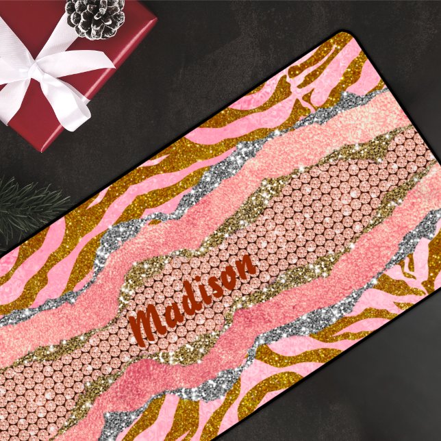 Elegant glittery blush rose animal print monogram desk mat (Creator Uploaded)