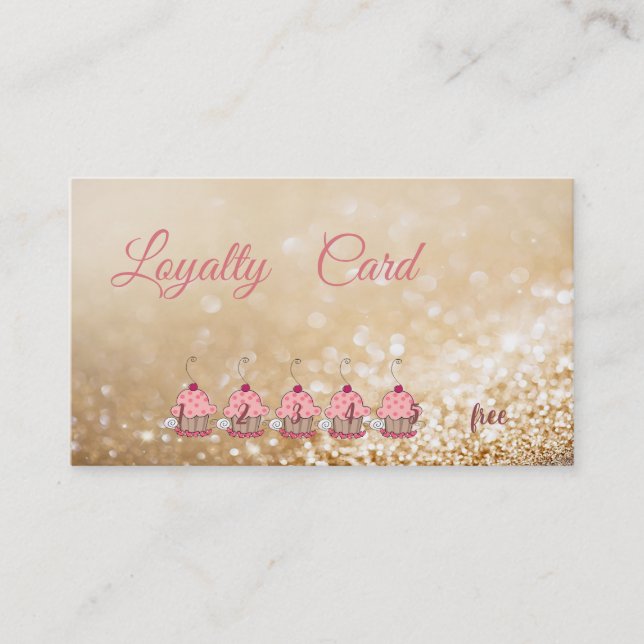 Elegant glittery Bokeh Cupcakes  Loyalty Card (Front)