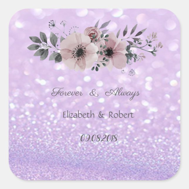 Elegant Glittery Bokeh  Floral Wedding Square Sticker (Front)