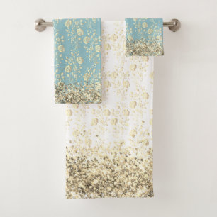 Elegant Glittery Flowers on Teal Bath Towel Set