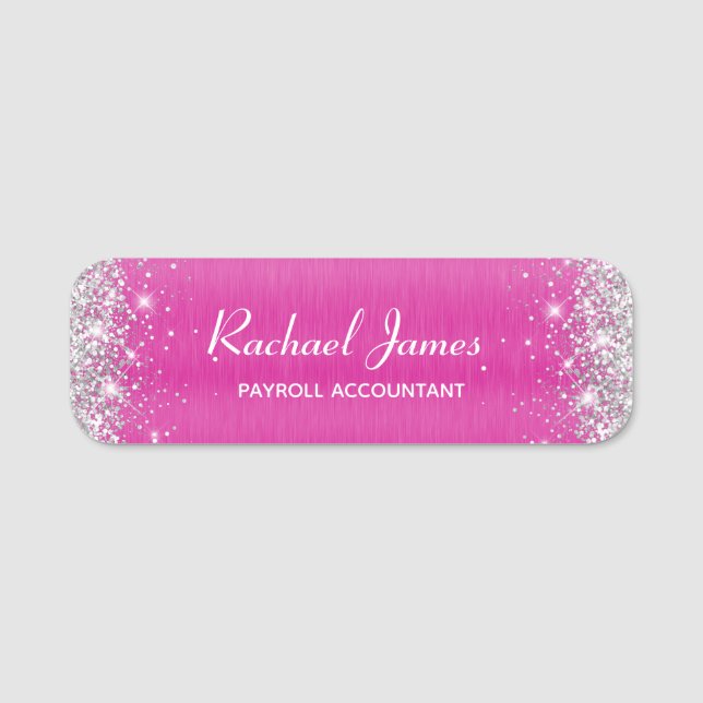 Elegant Glittery Hot Pink Foil Name Tag (Front)