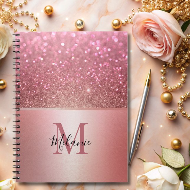 Elegant glittery pink metal glam monogram  notebook (Creator Uploaded)