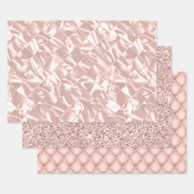 Elegant Glitzy Blush Pink and Silver Faux Satin Wrapping Paper Sheet (Set)