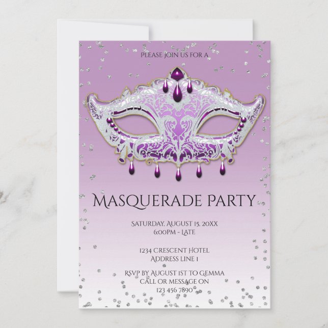 Elegant Glitzy Lilac Masquerade Party Invitation (Front)