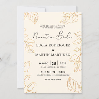 Elegant Glod Leaf Cream Spanish Nuestra Boda Invitation