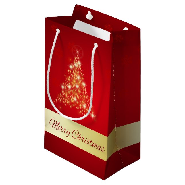 Elegant Glowing Merry Christmas Tree Small Gift Bag (Front Angled)