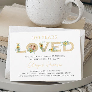 Elegant Gold 100 Years Loved Photo Birthday Party Invitation