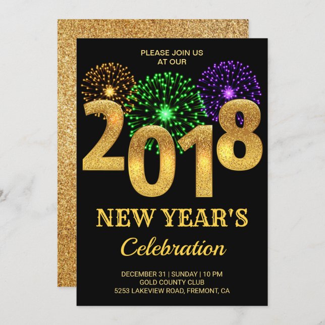 Elegant Gold 2018 Fireworks New Year's Eve Party Invitation (Front/Back)