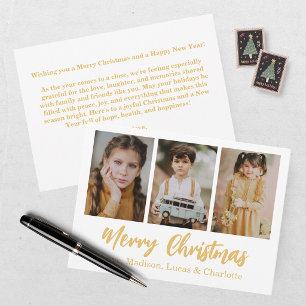 Elegant Gold 3 Photo Collage Christmas Invitation