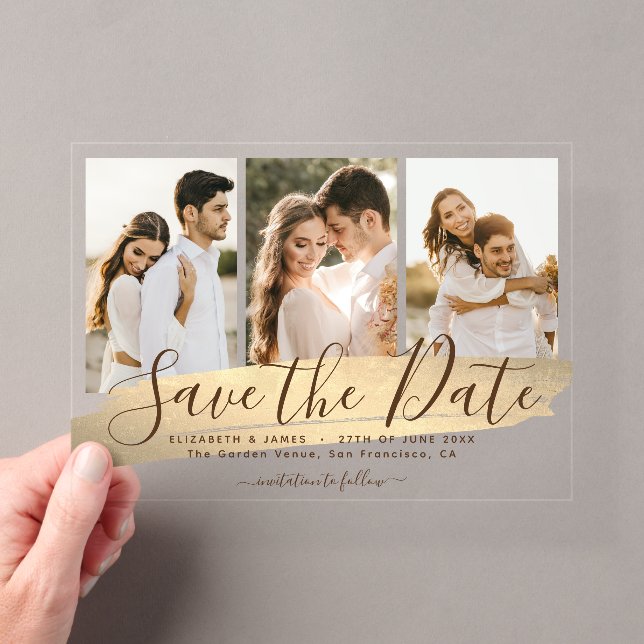 Elegant Gold 3 Photo Wedding Save The Date Acrylic Invitations (Insitu (Handheld))