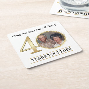 Elegant Gold 40th Anniversary Photo Square Paper Coaster