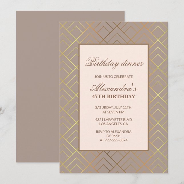 Elegant Gold 47th birthday Dinner invitations  (Front/Back)