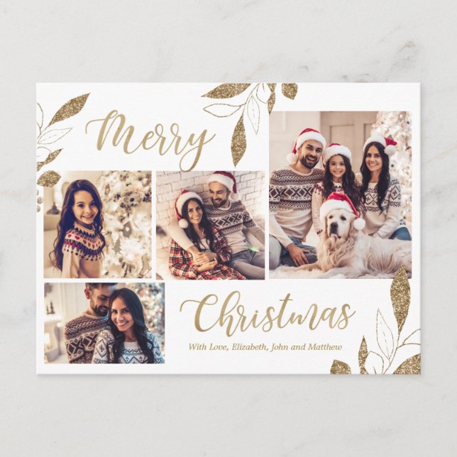 Elegant Gold 4 Photo Collage Botanical Christmas Postcard (Front)
