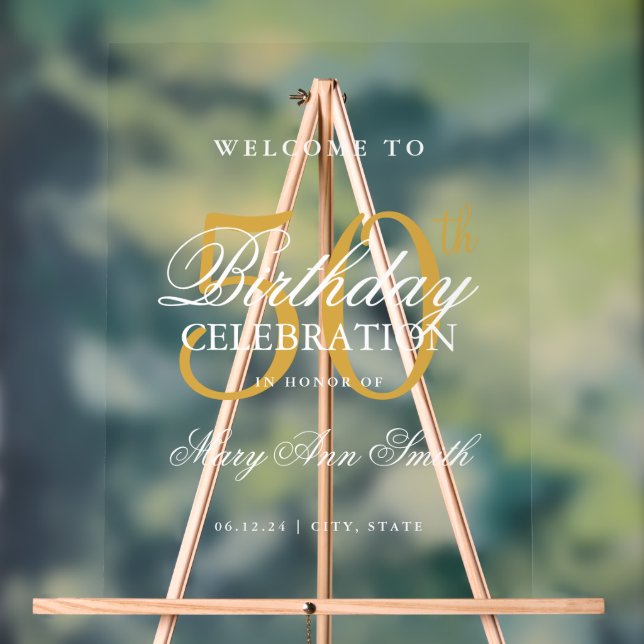 Elegant Gold 50th Birthday Party Welcome  Acrylic Sign (Neutral)